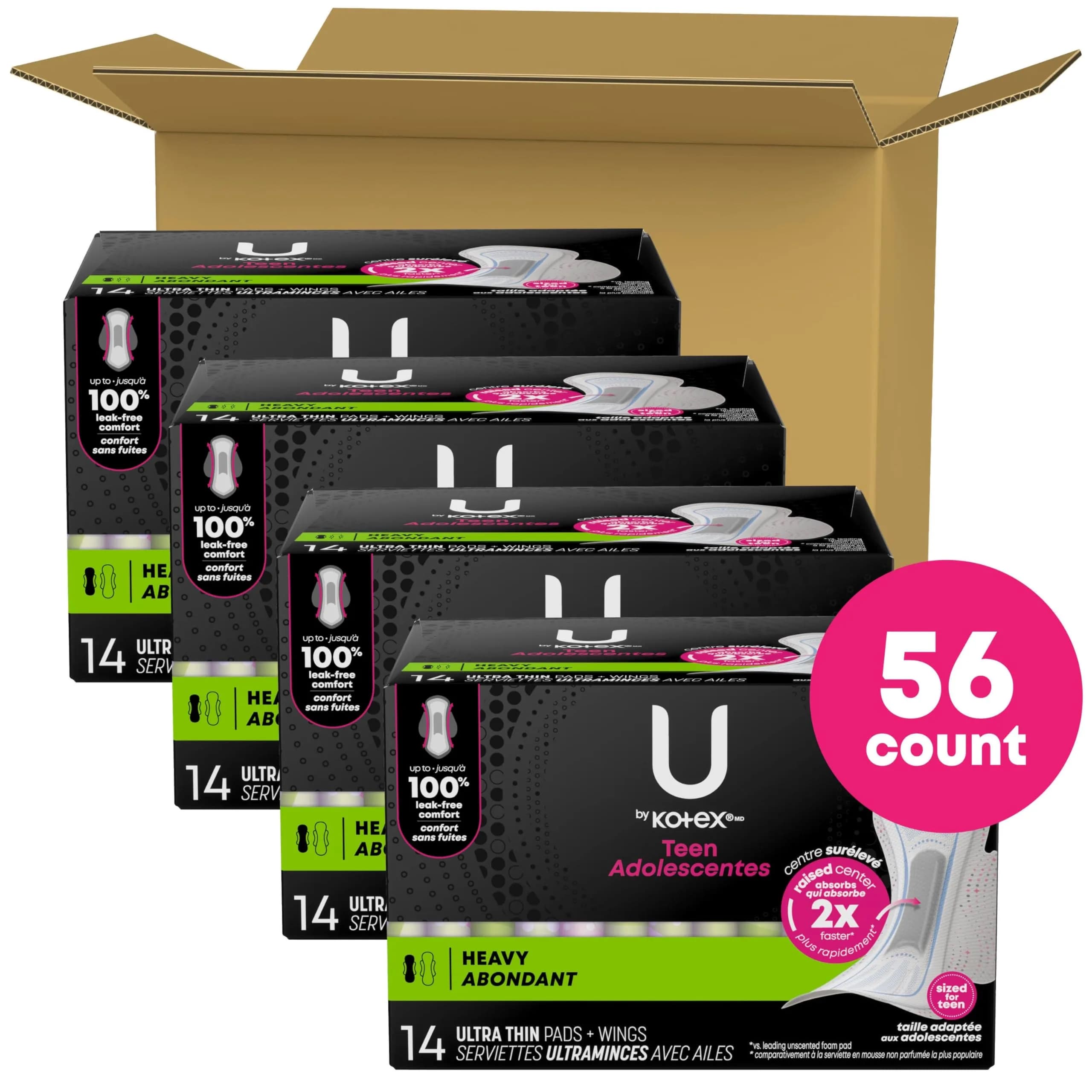U by Kotex Balance Teen Ultra Thin Pads with Wings, Heavy Absorbency, 56 Count (4 Packs of 14) | Dermatologist Tested for Sensitive Skin - view 2