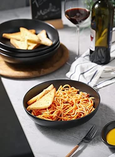 Teocera Matte Black Pasta Bowls Set of 4 | 35oz Porcelain Serving Bowls for Pasta & Salad thumbnail 5