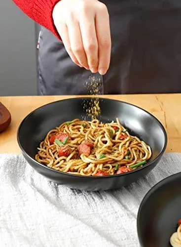 Teocera Matte Black Pasta Bowls Set of 4 | 35oz Porcelain Serving Bowls for Pasta & Salad thumbnail 8