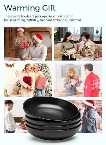 Teocera Matte Black Pasta Bowls Set of 4 | 35oz Porcelain Serving Bowls for Pasta & Salad thumbnail 3