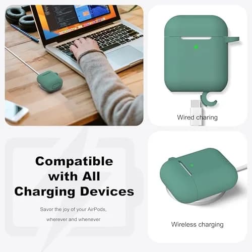 R-fun Silicone AirPods Case for 1st/2nd Gen with Carabiner & Cleaner Kit, Pine Green | Wireless Charging Compatible thumbnail 4