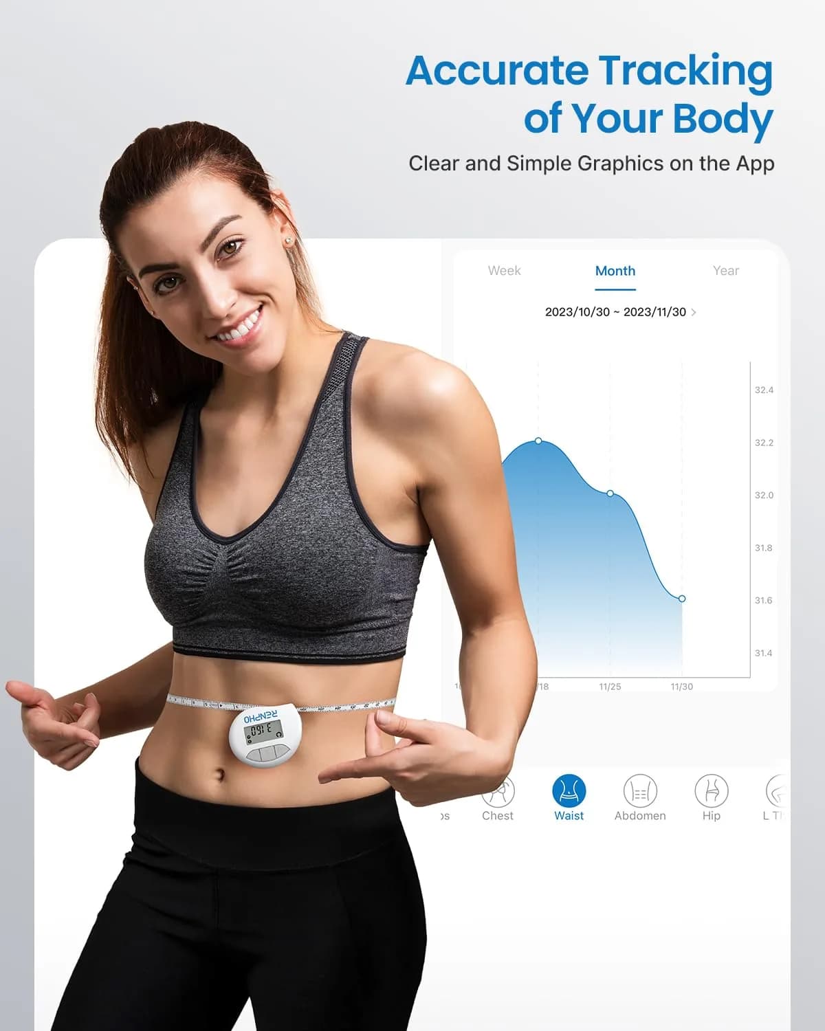 RENPHO Smart Body Measuring Tape 150cm (60in) | FDA Approved, Retractable, Bluetooth App - view 2