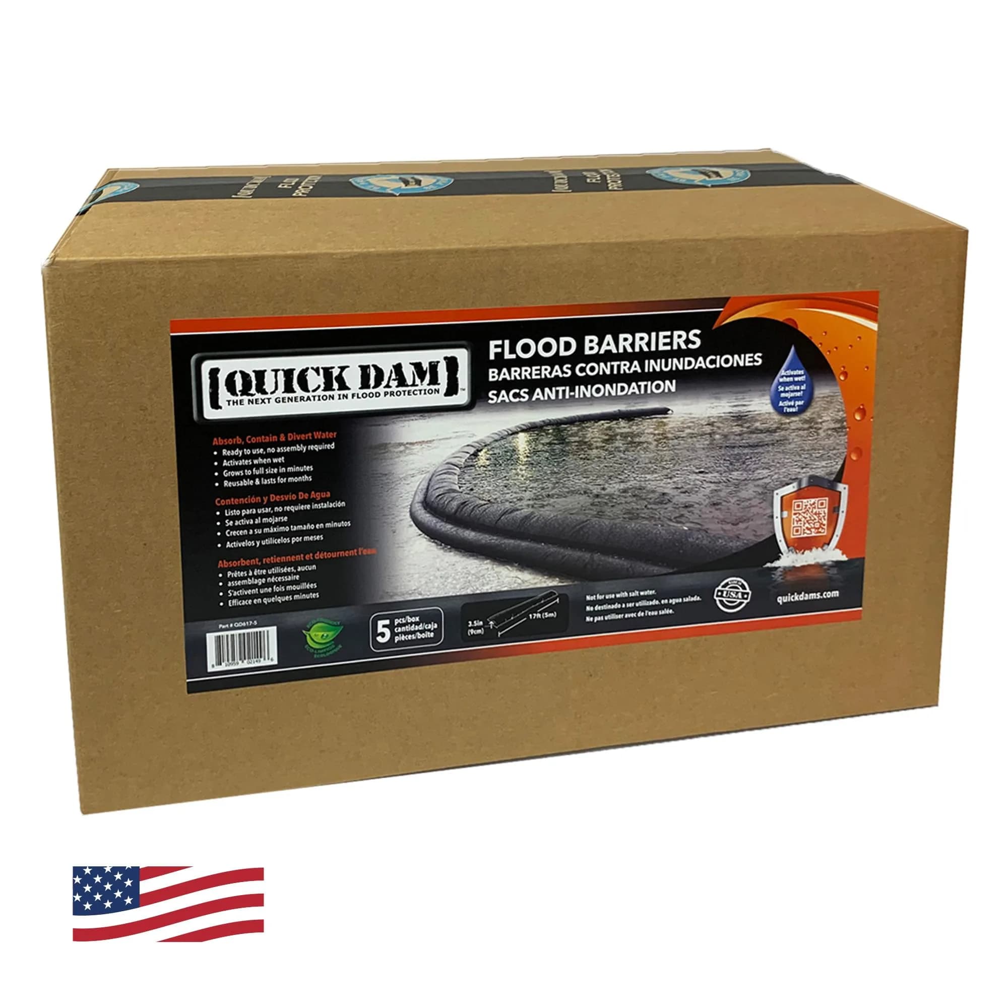 Quick Dam Water Activated Flood Barriers, 17ft | Self-Inflating Flood Control Pack — Black