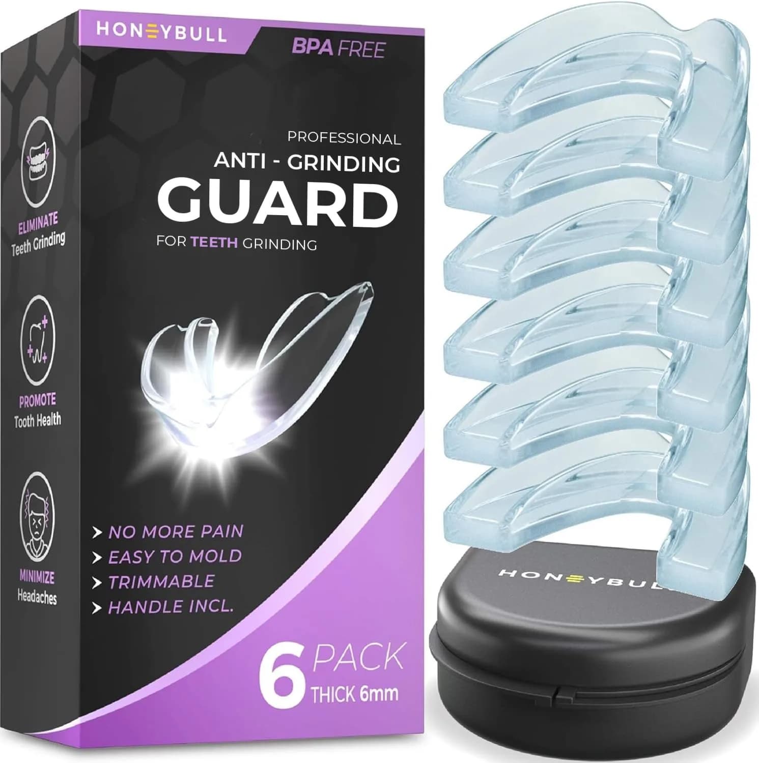 HONEYBULL Custom-Fit Thick Night Guards 6 Pack (Clear) | Boil-and-Bite Dental Protection - main product image
