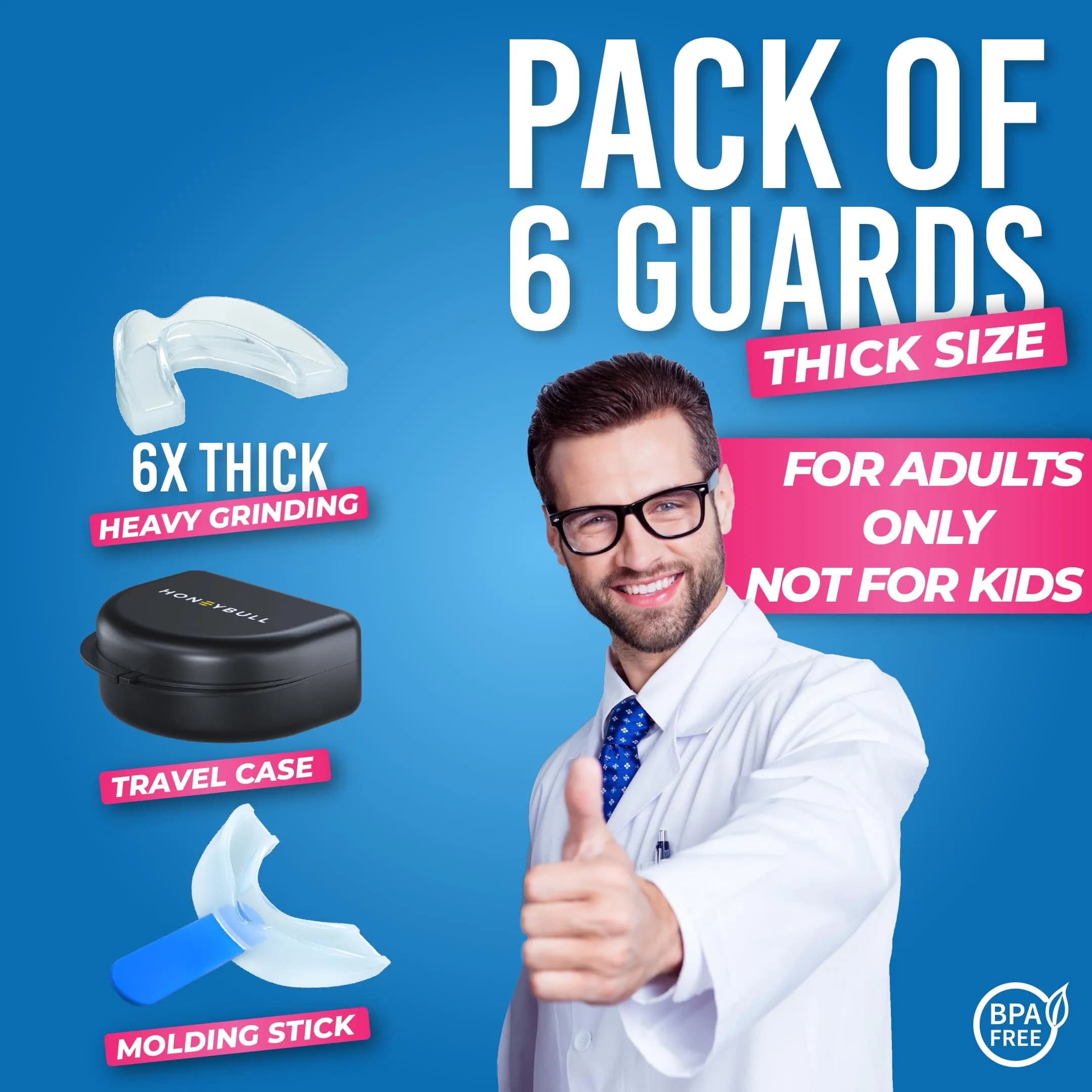 HONEYBULL Custom-Fit Thick Night Guards 6 Pack (Clear) | Boil-and-Bite Dental Protection - view 5