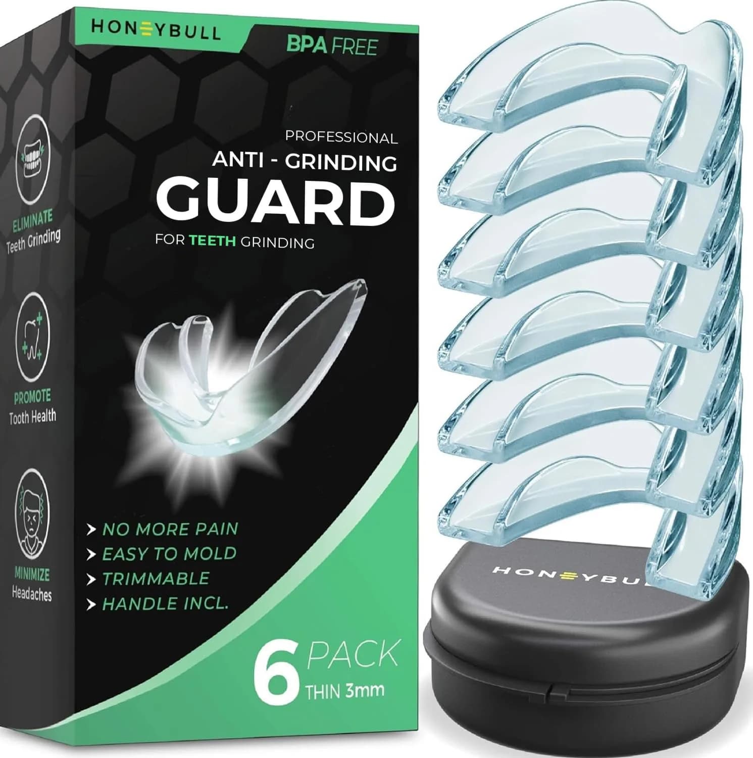 HONEYBULL Custom-Fit Thin Night Guards 6 Pack | Boil-and-Bite Dental Protection - main product image