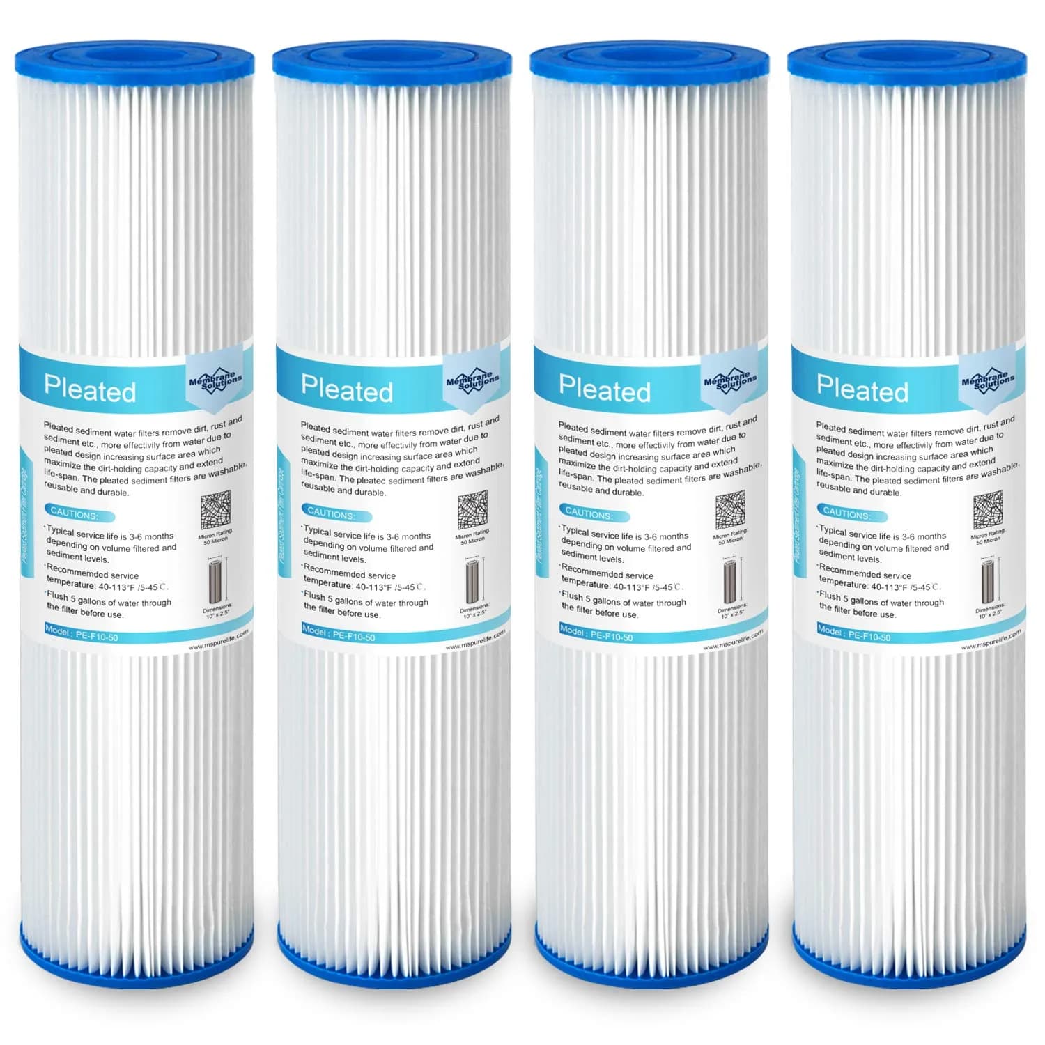 Membrane Solutions 50 Micron Pleated Polyester Sediment Water Filter 10"x2.5" | Universal Whole House Pre-Filter — 50 micron