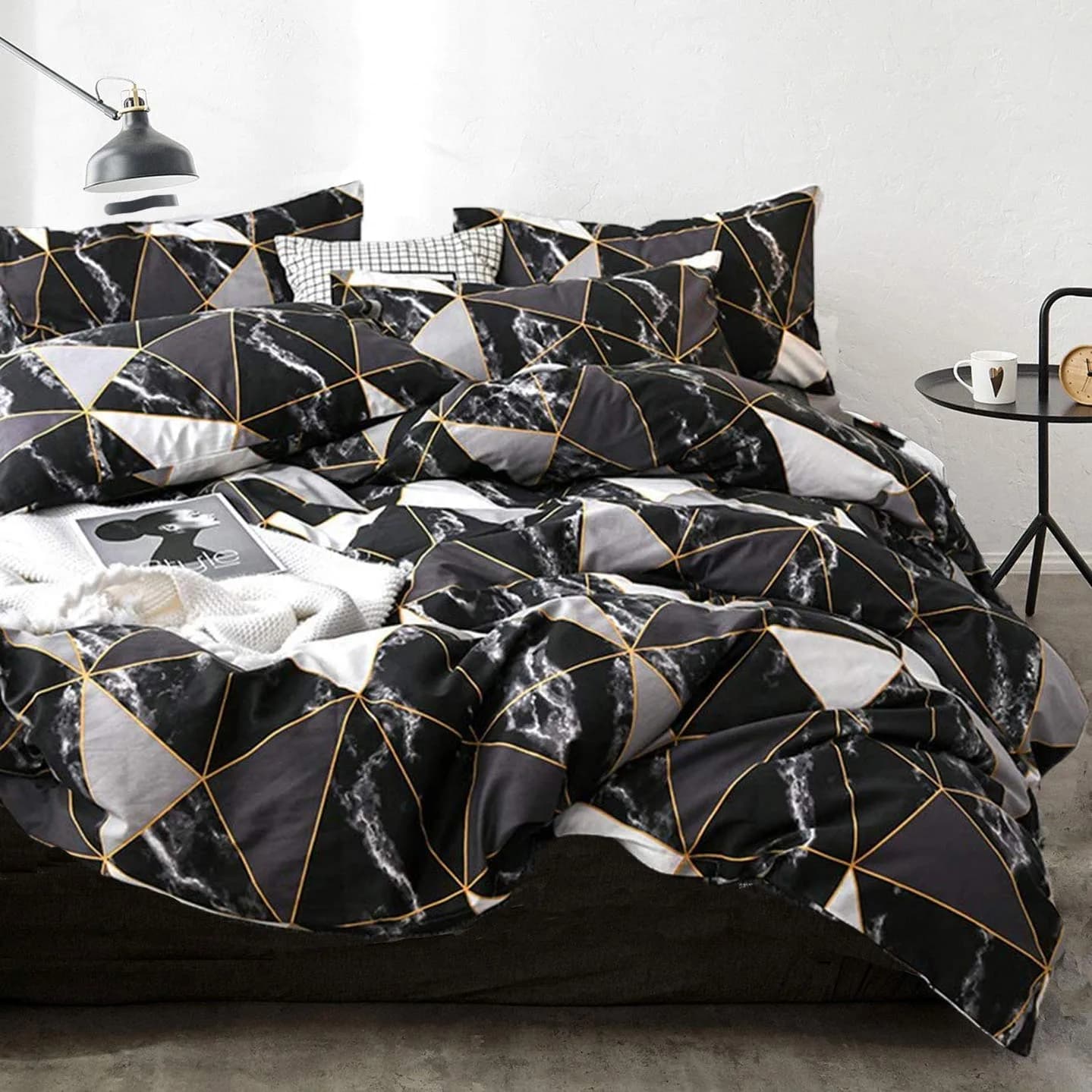 Cottonight Queen Comforter Set Geometric Black Marble Microfiber Bedding 90x90 inches | Modern Lightweight Comforter for Women Men — Black Abstract Marble / Queen