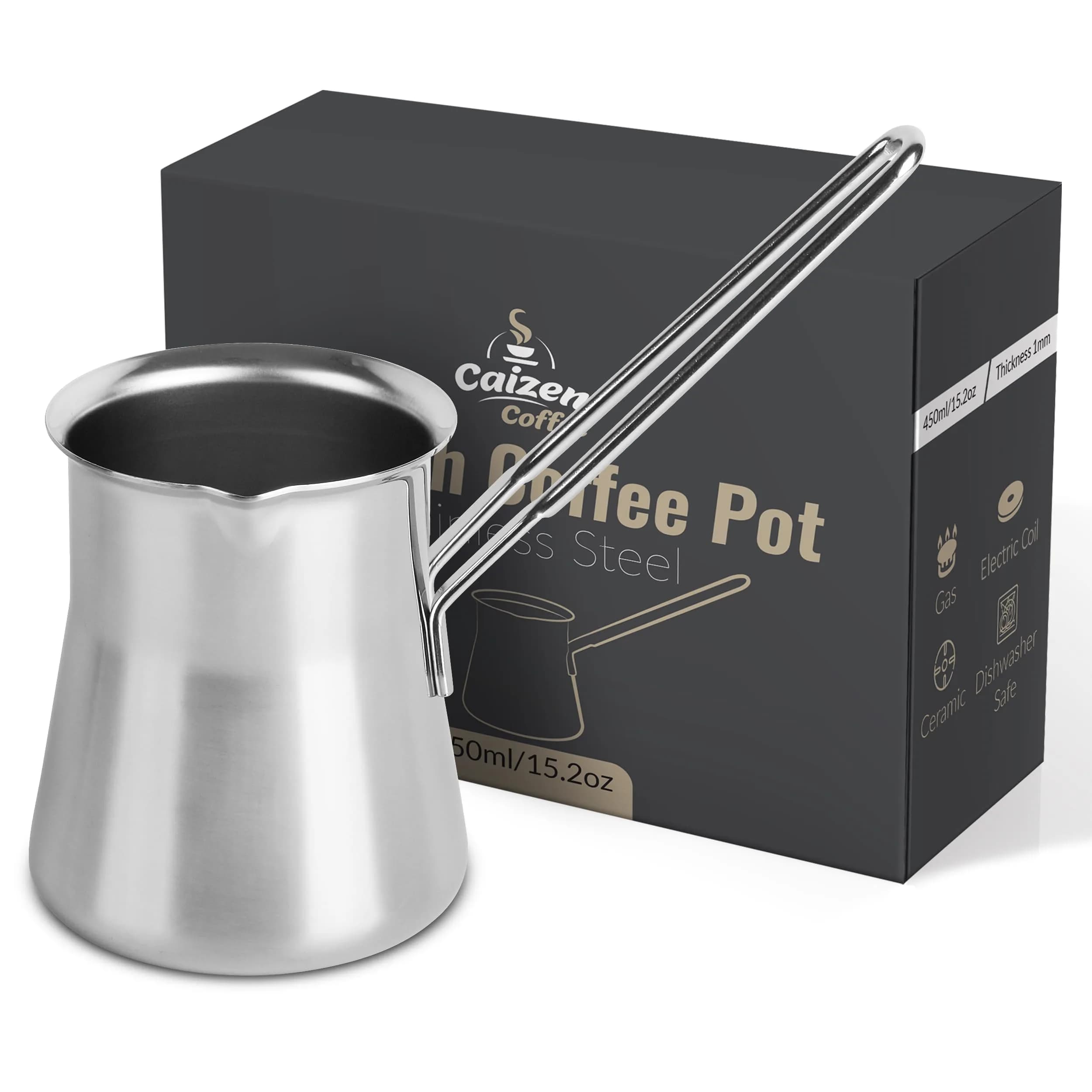 Caizen Coffee Turkish Coffee Pot 15oz | Durable Stainless Steel Briki for Gas & Electric Stoves