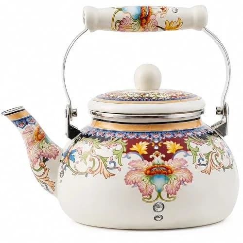 OLYTARU 2.5-Qt Floral Enamel Tea Kettle No Whistle | Vintage Floral Design, 2.4L Capacity, Compatible with Gas & Induction thumbnail 1