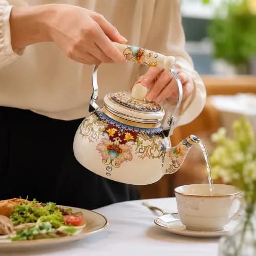 OLYTARU 2.5-Qt Floral Enamel Tea Kettle No Whistle | Vintage Floral Design, 2.4L Capacity, Compatible with Gas & Induction thumbnail 8