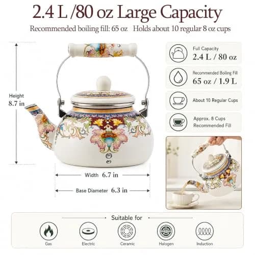 OLYTARU 2.5-Qt Floral Enamel Tea Kettle No Whistle | Vintage Floral Design, 2.4L Capacity, Compatible with Gas & Induction thumbnail 3