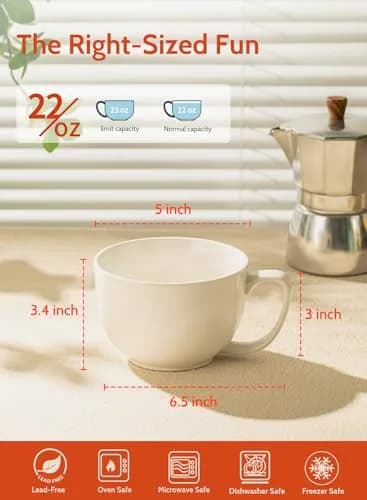 Sweese Porcelain 22oz Large Coffee Mug Set of 4 | Big Handle, Microwave Safe, White thumbnail 2