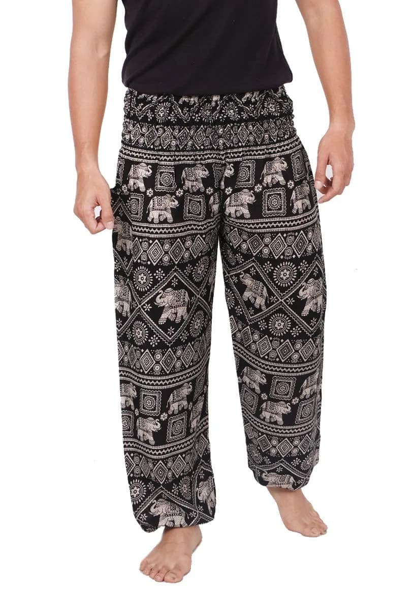 Banjamath Mens Yoga Harem Lounge Boho Parachute Pants Waist 36-40 Elephant Black | Loose Baggy Style for Relax & Festivals — Elephant Black