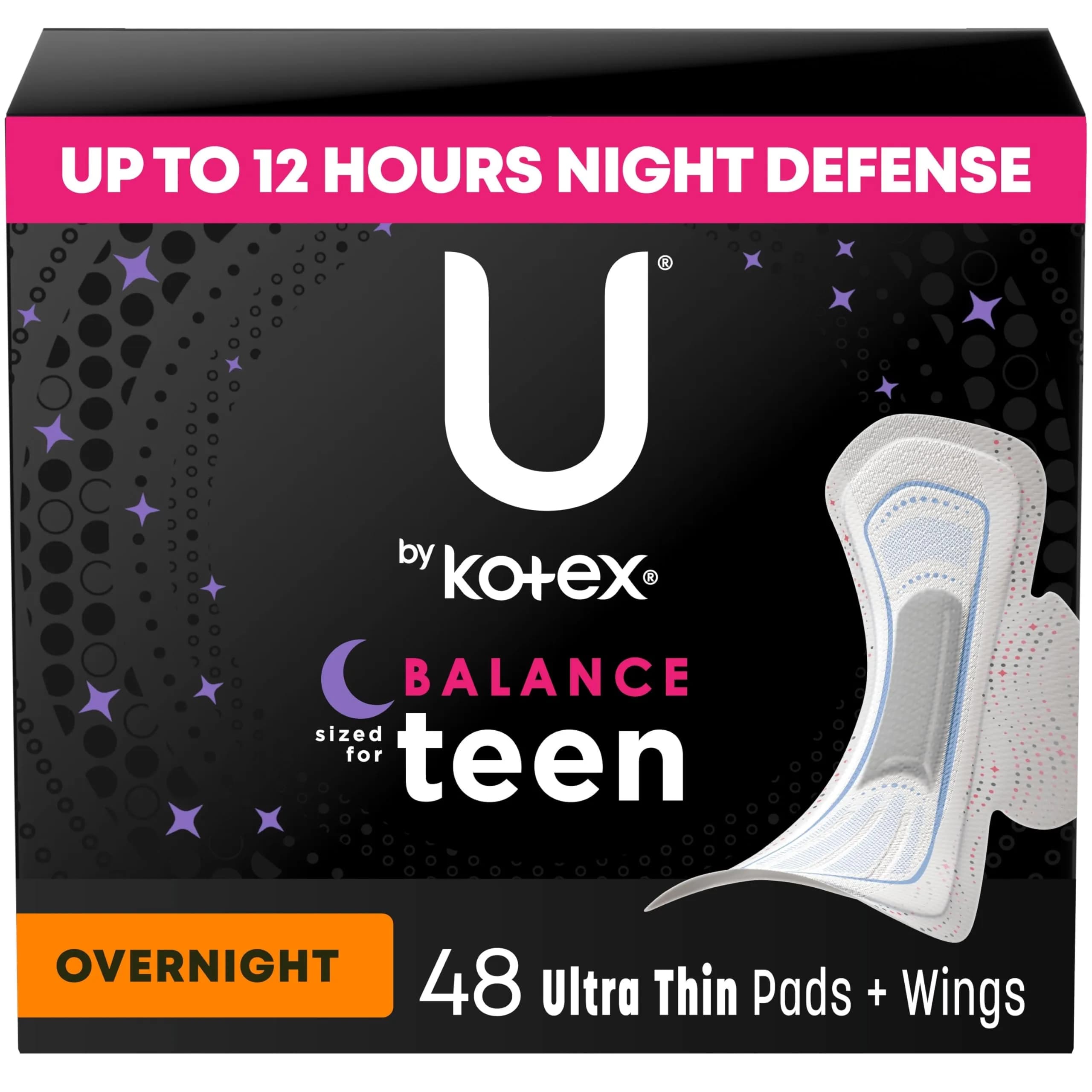 U by Kotex Balance Teen Ultra Thin Overnight Pads with Wings, 24 Count (12 Overnight) | Dermatologist Tested, Fragrance-Free — Overnight Absorbency