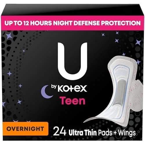 U by Kotex Balance Teen Ultra Thin Overnight Pads with Wings, 24 Count (12 Overnight) | Dermatologist Tested, Fragrance-Free thumbnail 1