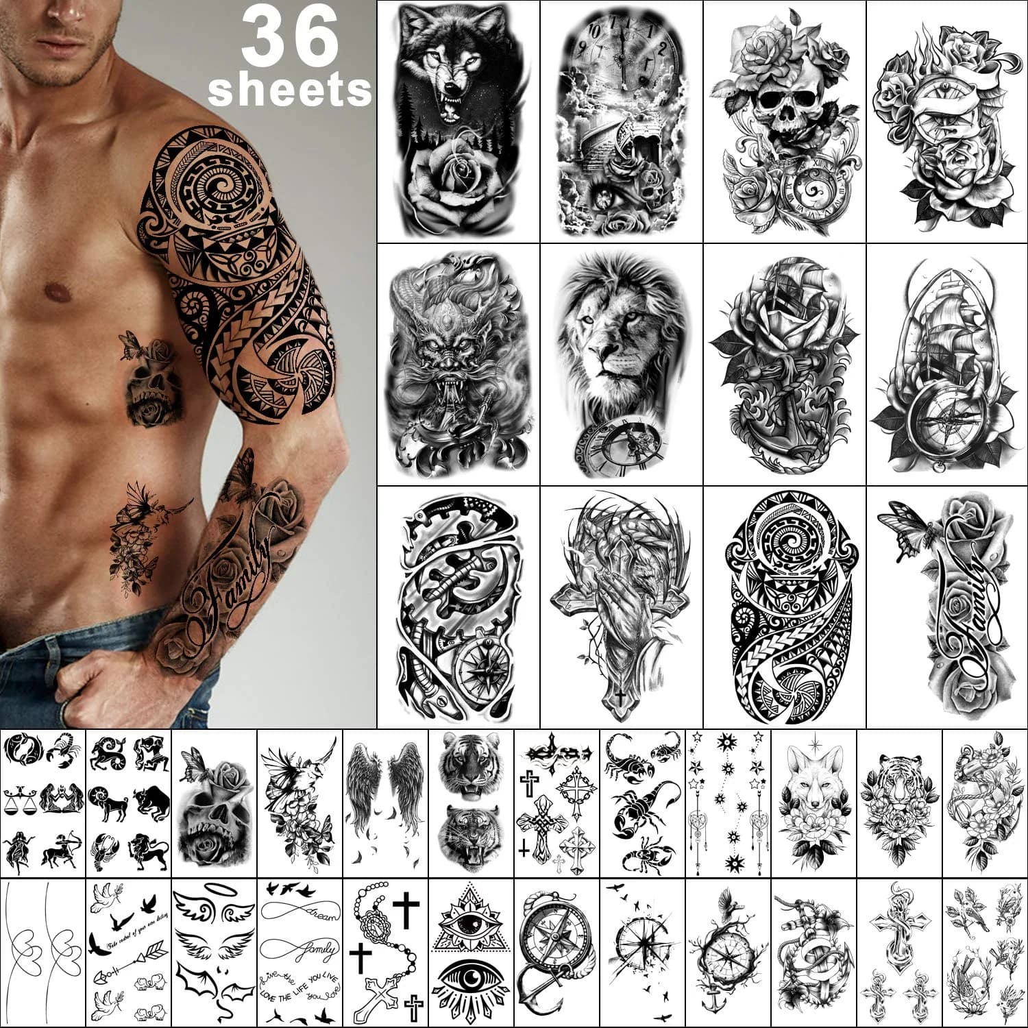 Yazhiji 36 Sheets Temporary Tattoos Stickers | Waterproof & Realistic Body Art for Adults & Kids