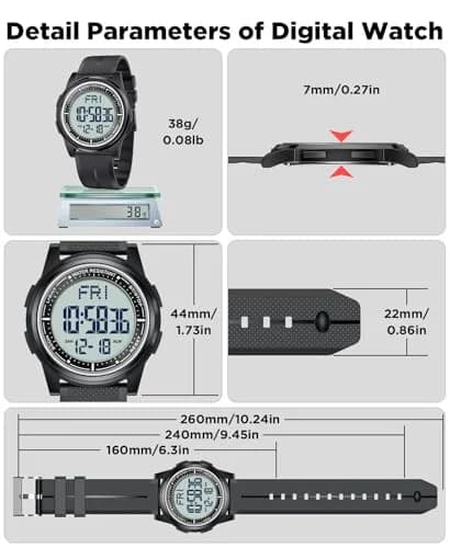 Beeasy Digital Watch for Men Women 44mm Black Silicone | Ultra-Thin Lightweight Sports Watch with Alarm Stopwatch Countdown thumbnail 6