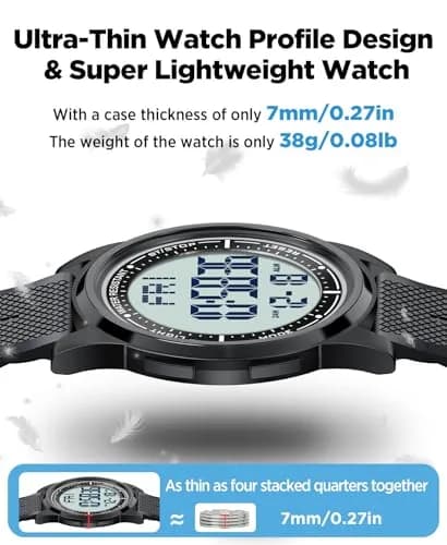 Beeasy Digital Watch for Men Women 44mm Black Silicone | Ultra-Thin Lightweight Sports Watch with Alarm Stopwatch Countdown thumbnail 3