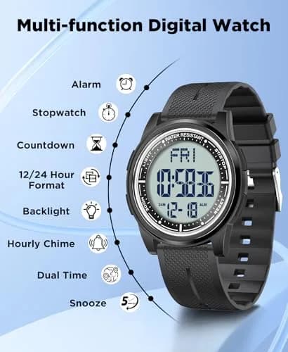 Beeasy Digital Watch for Men Women 44mm Black Silicone | Ultra-Thin Lightweight Sports Watch with Alarm Stopwatch Countdown thumbnail 4