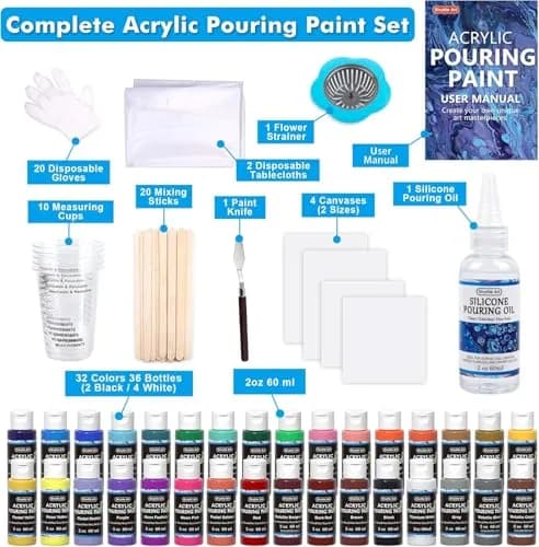Shuttle Art Acrylic Pouring Paint, Set of 36 Bottles (2 oz/60ml) Pre-Mixed High-Flow Supplies with Canvas & Tools thumbnail 4