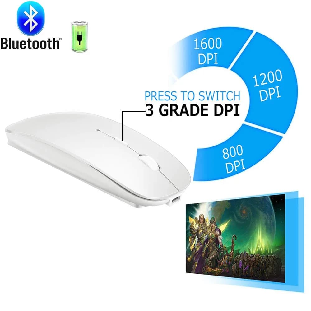 KLO Rechargeable White Wireless Mouse: Bluetooth 5.2/3.0, Type-C & 2.4G USB for Mac, Windows, iPad, Laptop - view 2