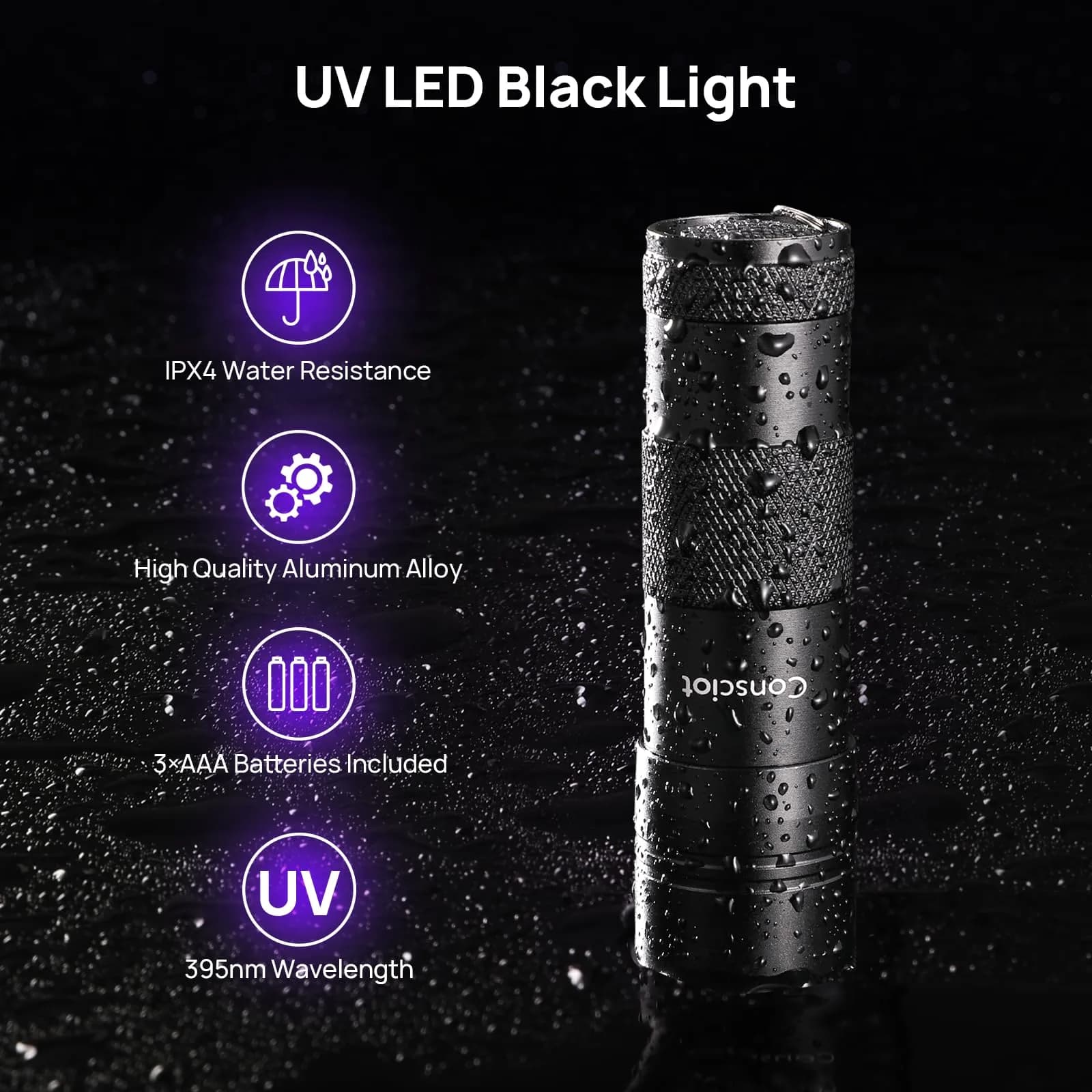 Consciot 12 LED UV Blacklight Flashlight 395nm | Pet Urine Detector for Dry Stains & Scorpions - view 3