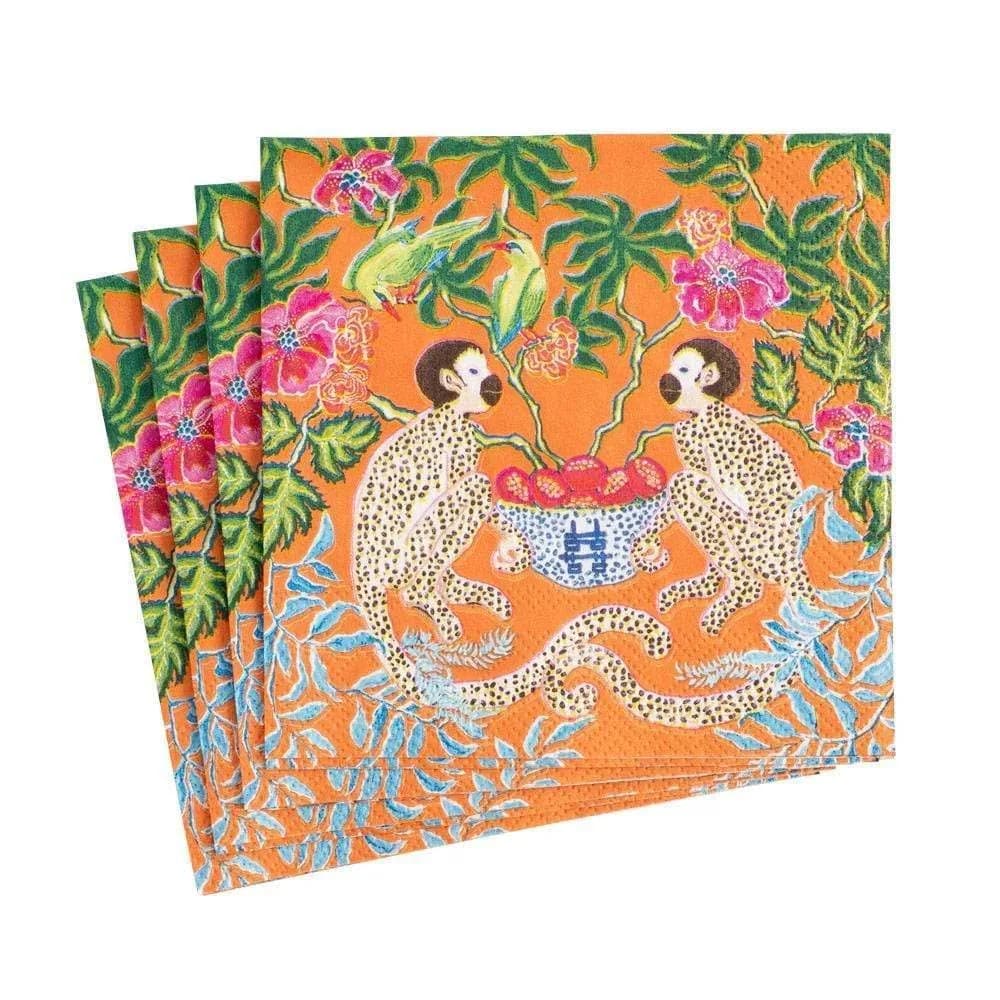 Caspari Monkeys Paper Cocktail Napkins in Orange | Eco-Friendly 3-Ply 80 Count — Cocktail