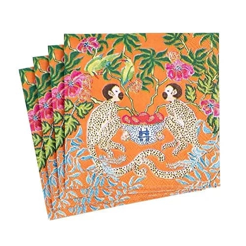 Caspari Monkeys Paper Cocktail Napkins in Orange | Eco-Friendly 3-Ply 80 Count thumbnail 1