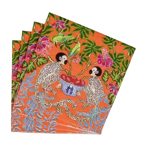 Caspari Monkeys Paper Cocktail Napkins in Orange | Eco-Friendly 3-Ply 80 Count thumbnail 5