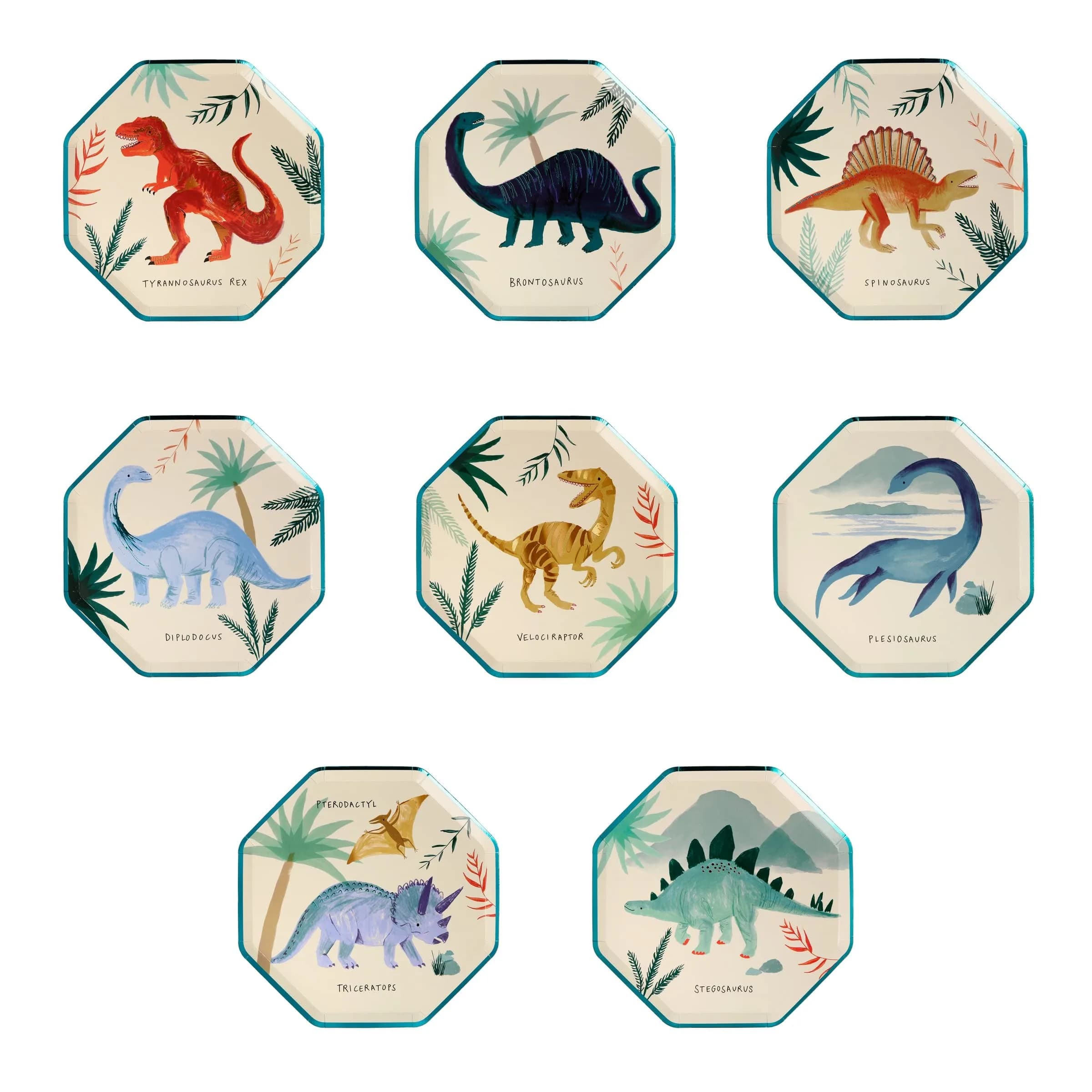 Meri Meri Dinosaur Kingdom Party Plates, Pack of 8, 8.25" | Dinosaur-themed disposable plates for kids' birthday parties - main product image