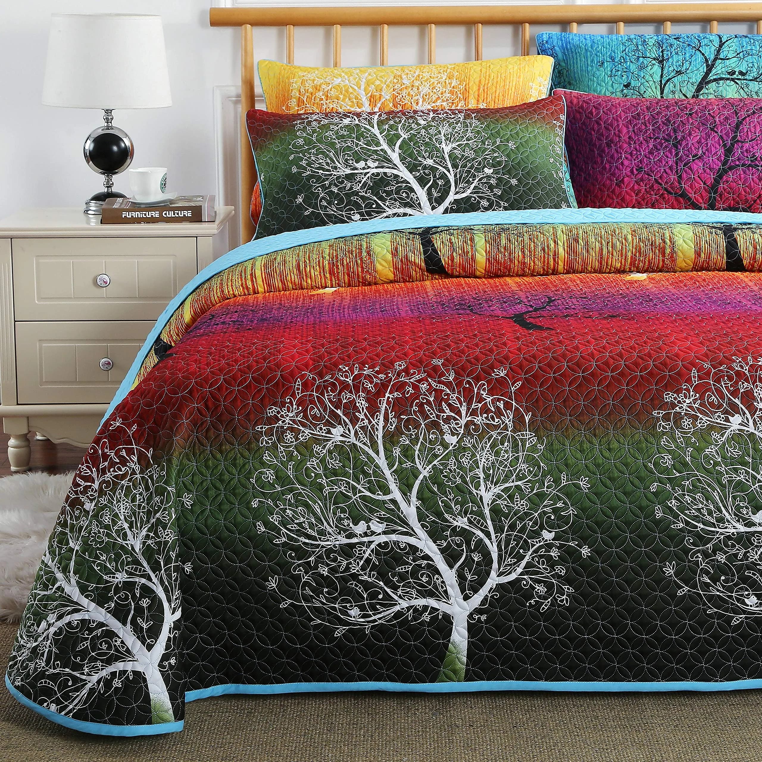 Swanson Beddings Rainbow Tree Bedspread Coverlet Quilt Set King | Reversible Microfiber — King