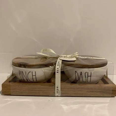 Rae Dunn PINCH & DASH Mini Bowls with Wood Lid & Tray | Ceramic & Wood Gift Set, Very Rare thumbnail 2