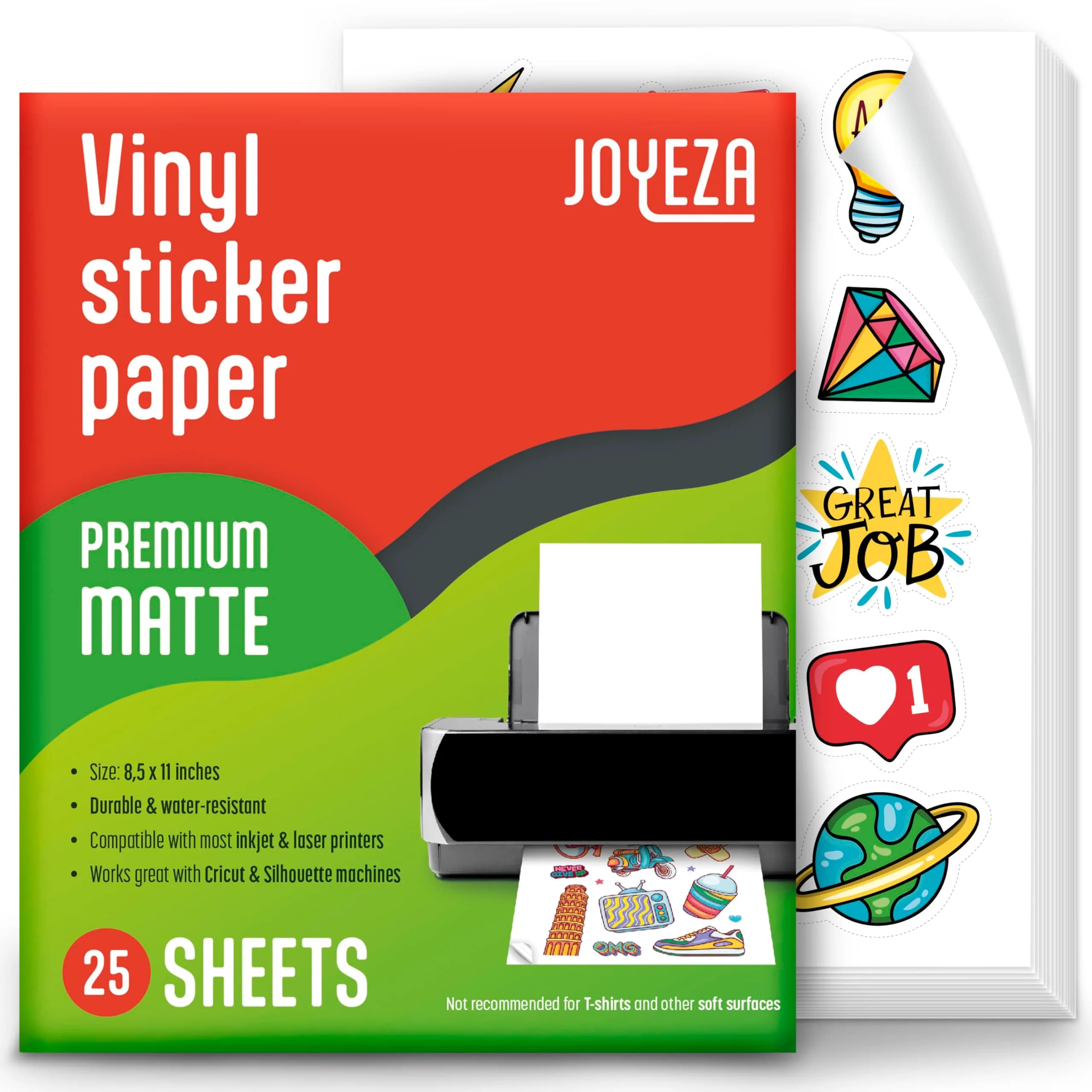 JOYEZA Premium Printable Vinyl Sticker Paper for Inkjet Printer - 25 Sheets Matte White Waterproof, Dries Quickly Vivid Colors, Holds Ink well- Tear Resistant — White
