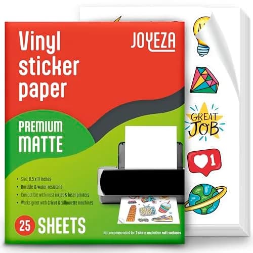 JOYEZA Premium Printable Vinyl Sticker Paper for Inkjet Printer - 25 Sheets Matte White Waterproof, Dries Quickly Vivid Colors, Holds Ink well- Tear Resistant thumbnail 1
