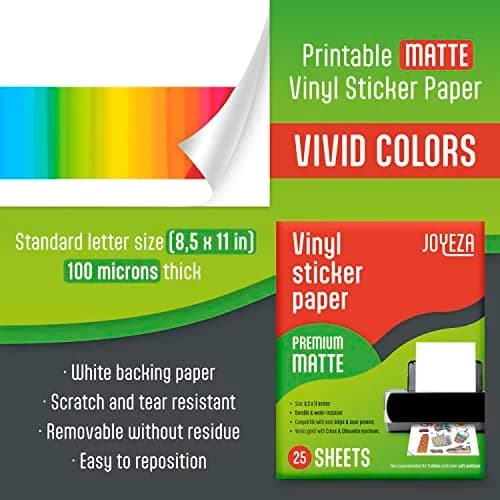 JOYEZA Premium Printable Vinyl Sticker Paper for Inkjet Printer - 25 Sheets Matte White Waterproof, Dries Quickly Vivid Colors, Holds Ink well- Tear Resistant thumbnail 2