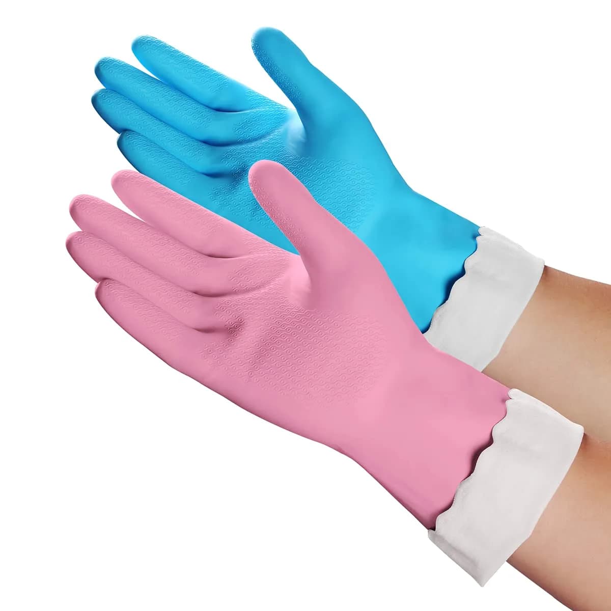 HSL Latex-Free Cleaning Gloves, Cotton Flocked Liner, 2 Pairs, Medium (135 g / 0.3 lb) — Blue+pink