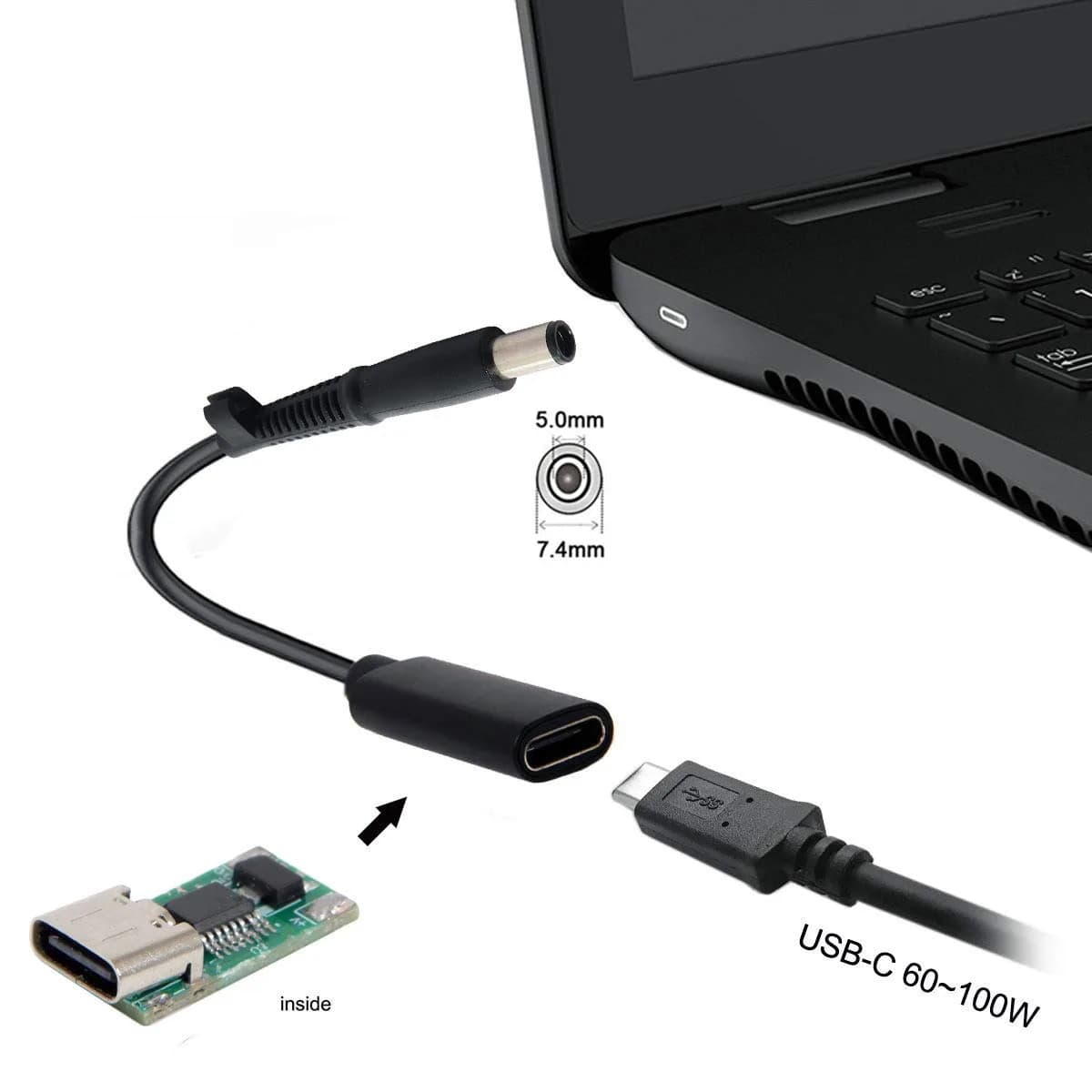 cablecc USB-C Female to DC 7.4x5.0mm PD Charge Cable 20cm (0.65ft) | Powers HP Laptops from USB-C Chargers - view 3