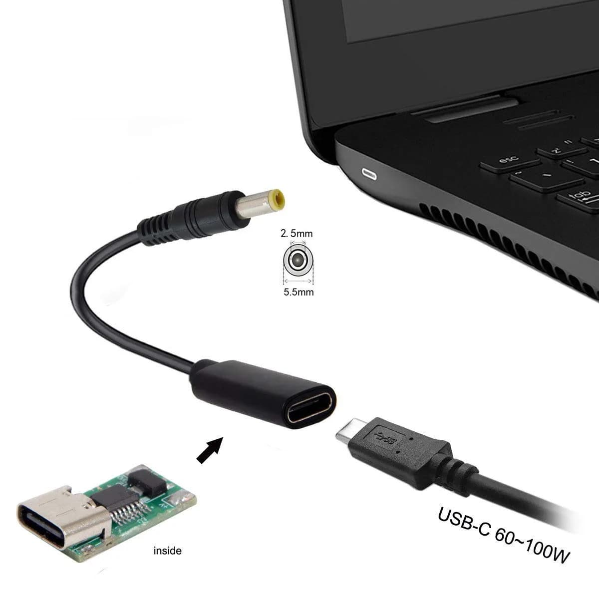 cablecc USB-C Female to DC 5.5x2.5mm PD Charge Cable 20cm (0.65ft) | Powers 18-20V Laptops from USB-C Charger - view 6