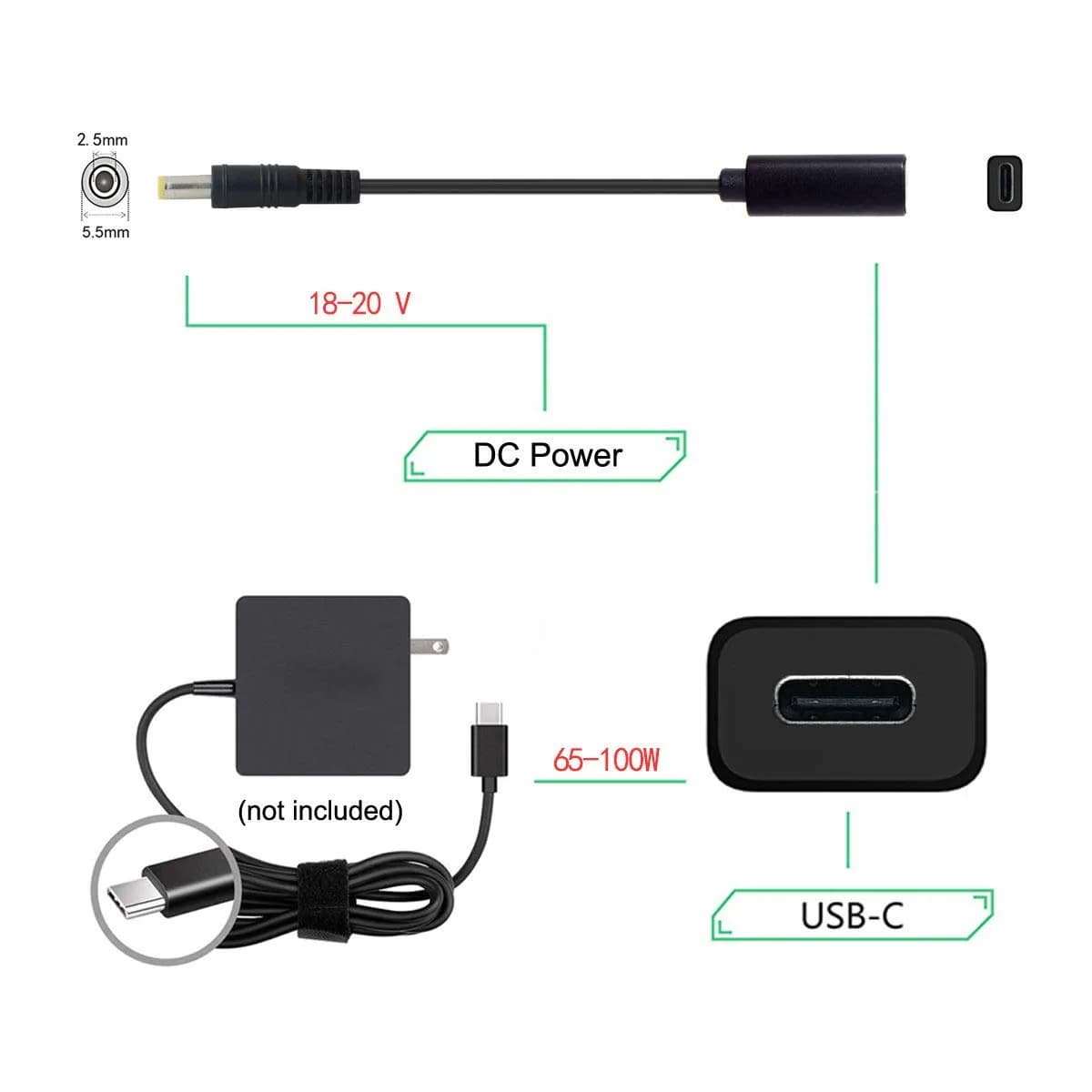 cablecc USB-C Female to DC 5.5x2.5mm PD Charge Cable 20cm (0.65ft) | Powers 18-20V Laptops from USB-C Charger - view 7