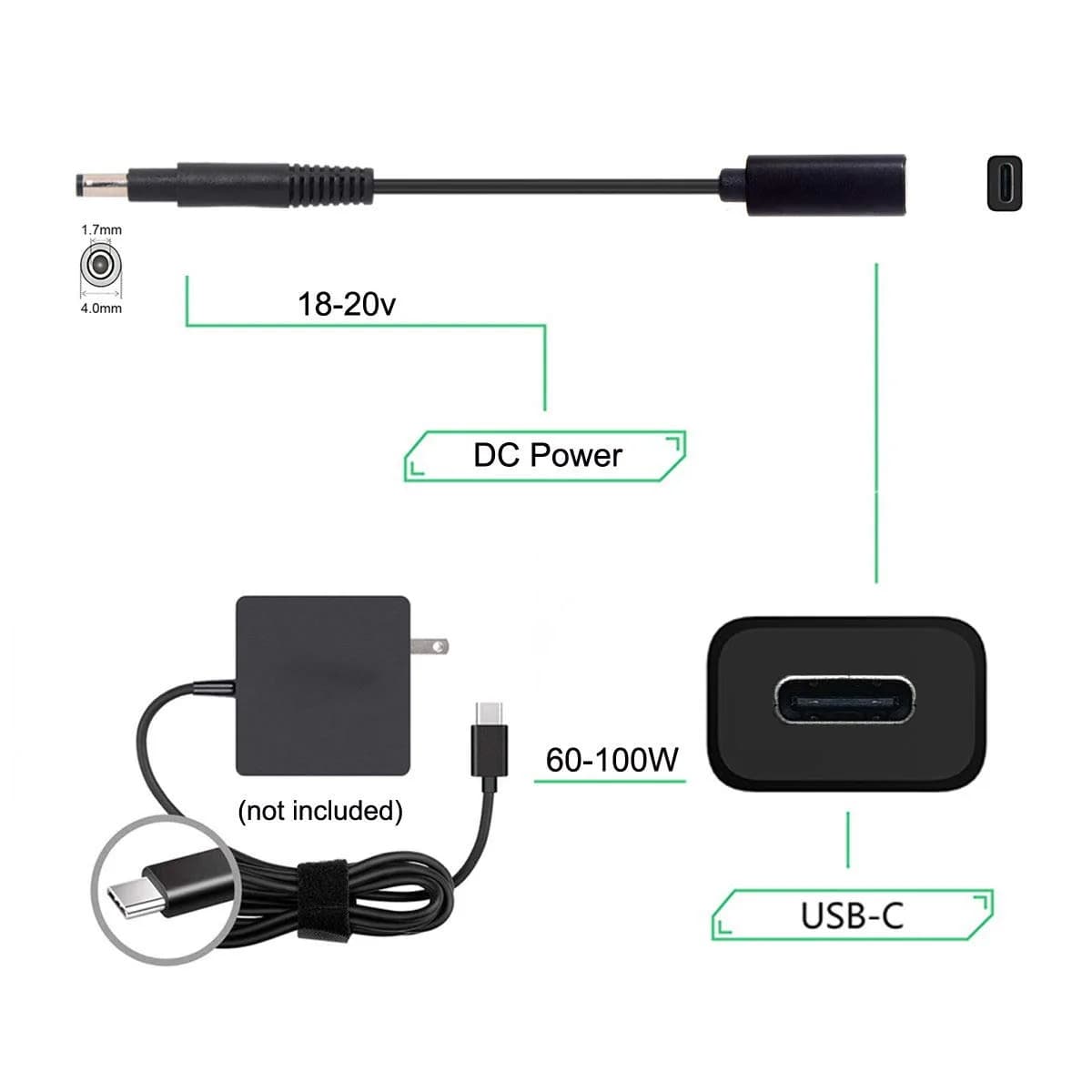 cablecc USB-C Female to DC 4.8x1.7mm PD Charge Cable 0.2m | 65W Power Delivery for HP Laptops - view 3