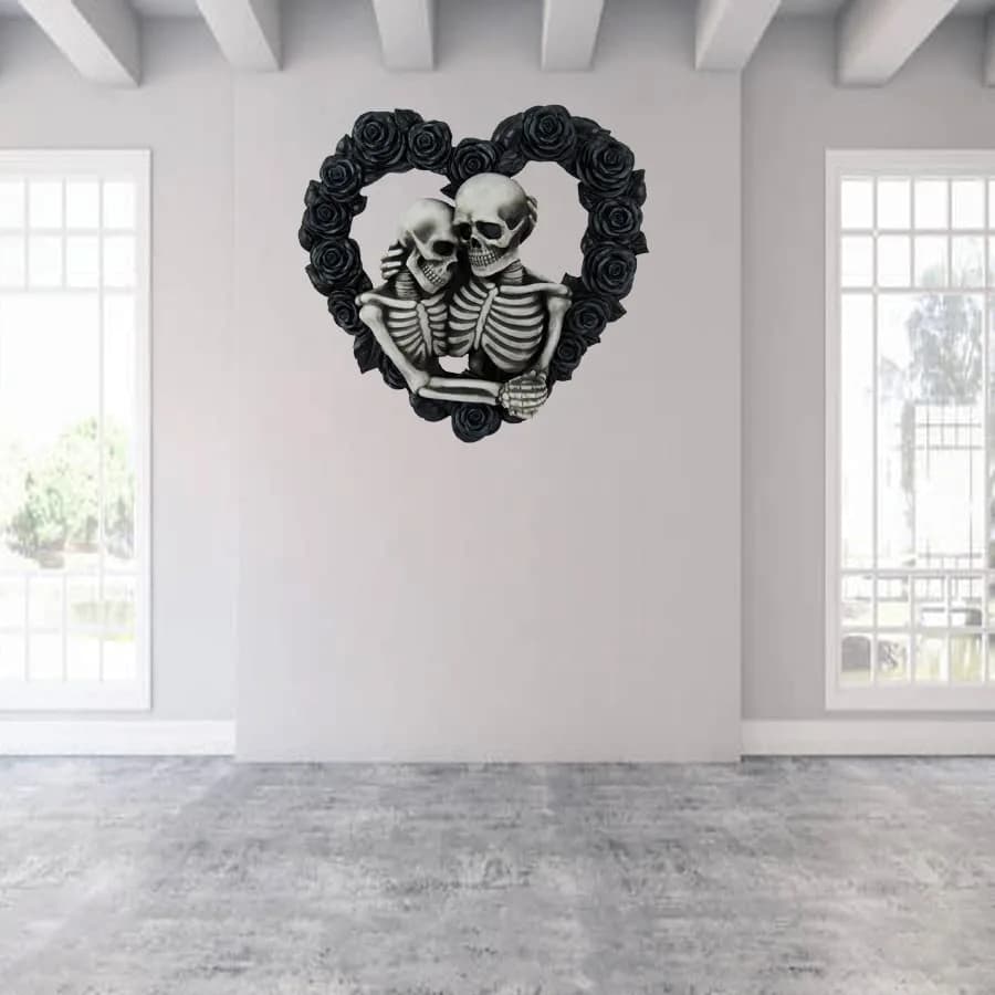 DWK Love Eternal Skeleton Couple Black Rose Wreath Wall Sculpture 34 cm (13.5" W x 12.5" H x 2.5" D) | Hand-Painted Resin Decor thumbnail 7