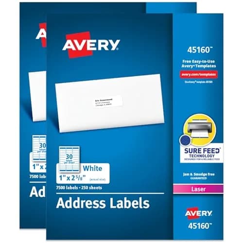 Avery Printable Address Labels with Sure Feed, 1" x 2-5/8" Customizable Stickers, White, 15,000 Labels Total (2-Pack)