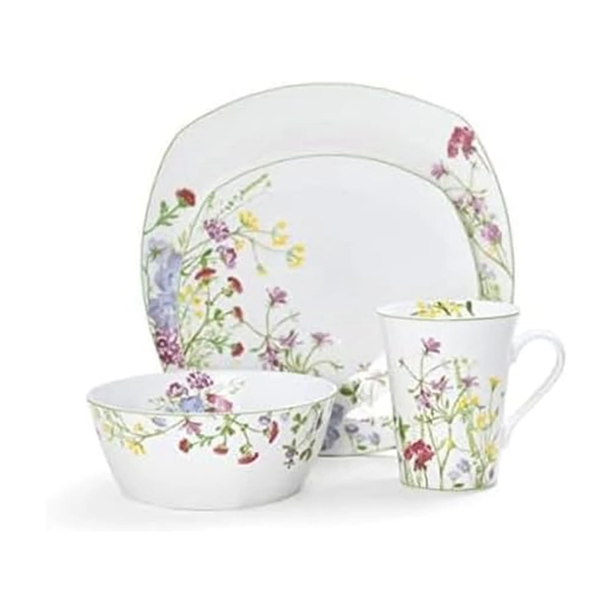 Mikasa Wildflower Garden Bone China Dinnerware Set, 16-Piece Service for 4, Square Plates and Bowls with Mugs | Floral Design - main product image