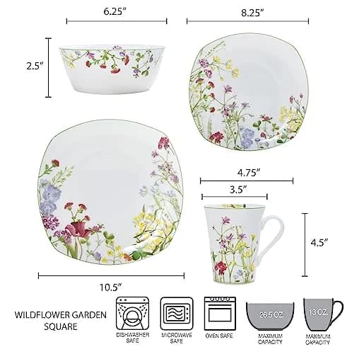 Mikasa Wildflower Garden Bone China Dinnerware Set, 16-Piece Service for 4, Square Plates and Bowls with Mugs | Floral Design thumbnail 5