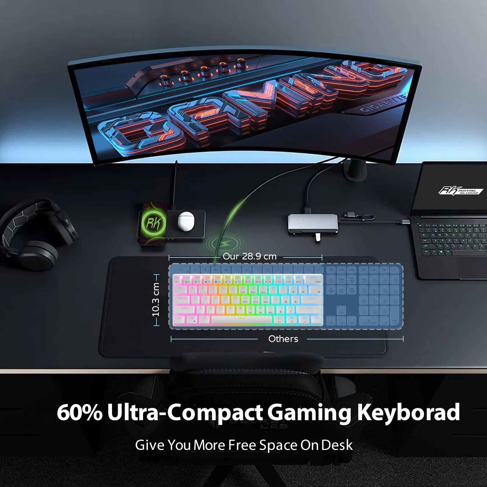 RK ROYAL KLUDGE RK61 Wired 60% Mechanical Gaming Keyboard with Brown Switches, RGB Backlit, Hot-Swappable, 61 Keys, White | Programmable QMK/VIA - view 5