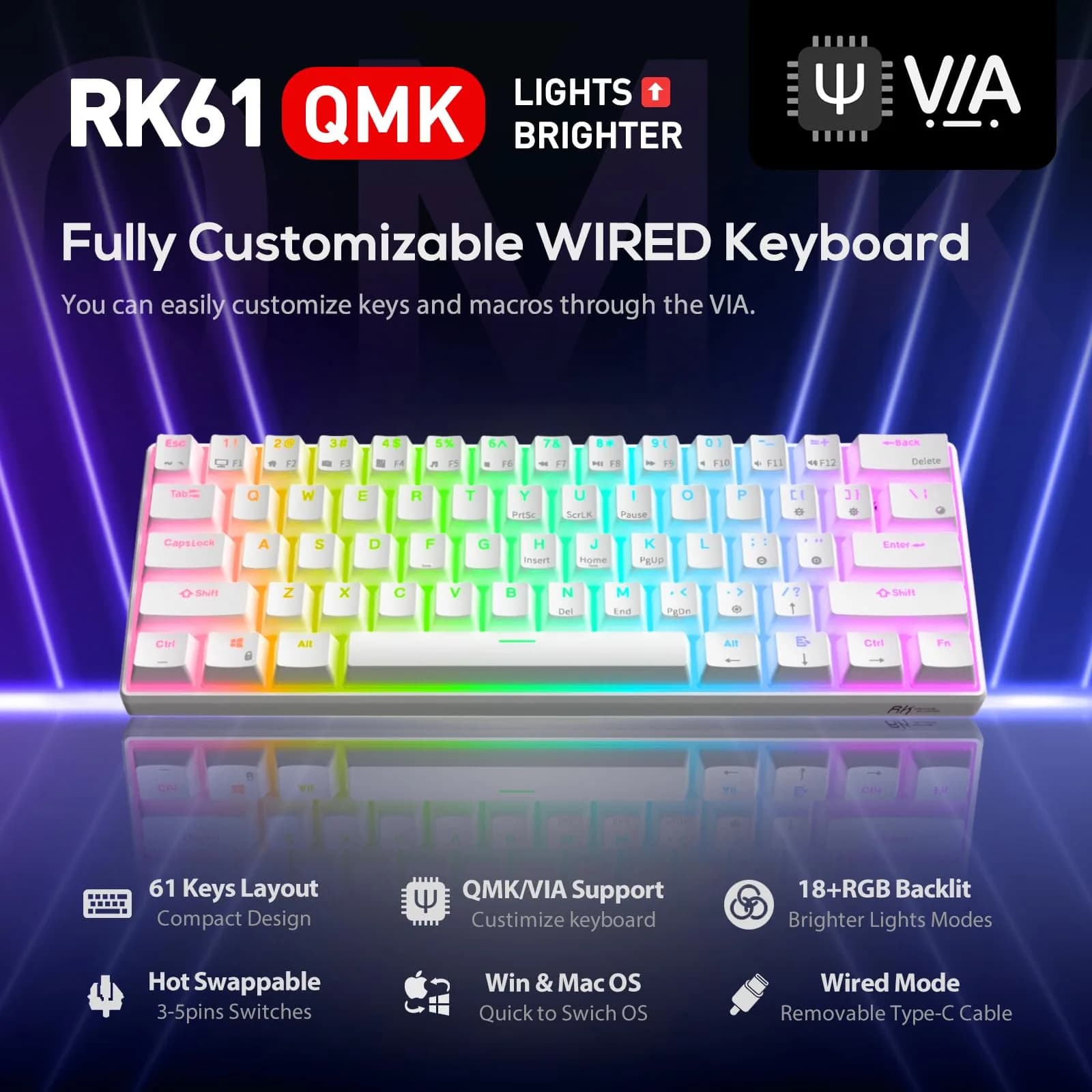 RK ROYAL KLUDGE RK61 Wired 60% Mechanical Gaming Keyboard with Brown Switches, RGB Backlit, Hot-Swappable, 61 Keys, White | Programmable QMK/VIA - view 2