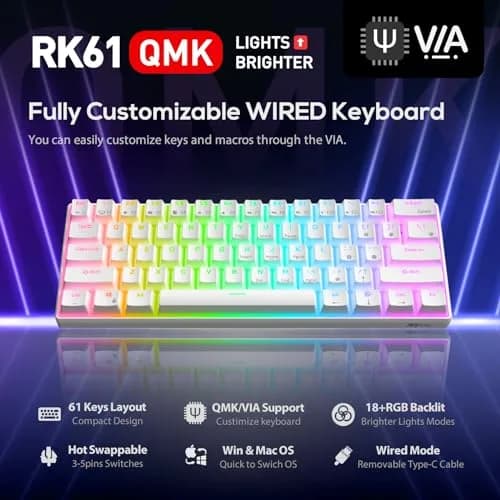 RK ROYAL KLUDGE RK61 Wired 60% Mechanical Gaming Keyboard with Brown Switches, RGB Backlit, Hot-Swappable, 61 Keys, White | Programmable QMK/VIA thumbnail 2