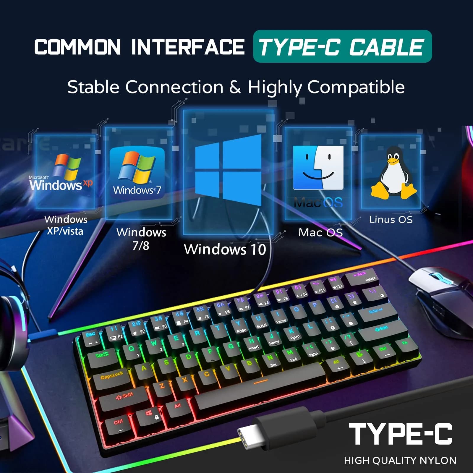 RK ROYAL KLUDGE RK61 Wired 60% Mechanical Gaming Keyboard with Hot-Swappable Blue Switches & RGB Backlighting | Programmable QMK/VIA - view 6