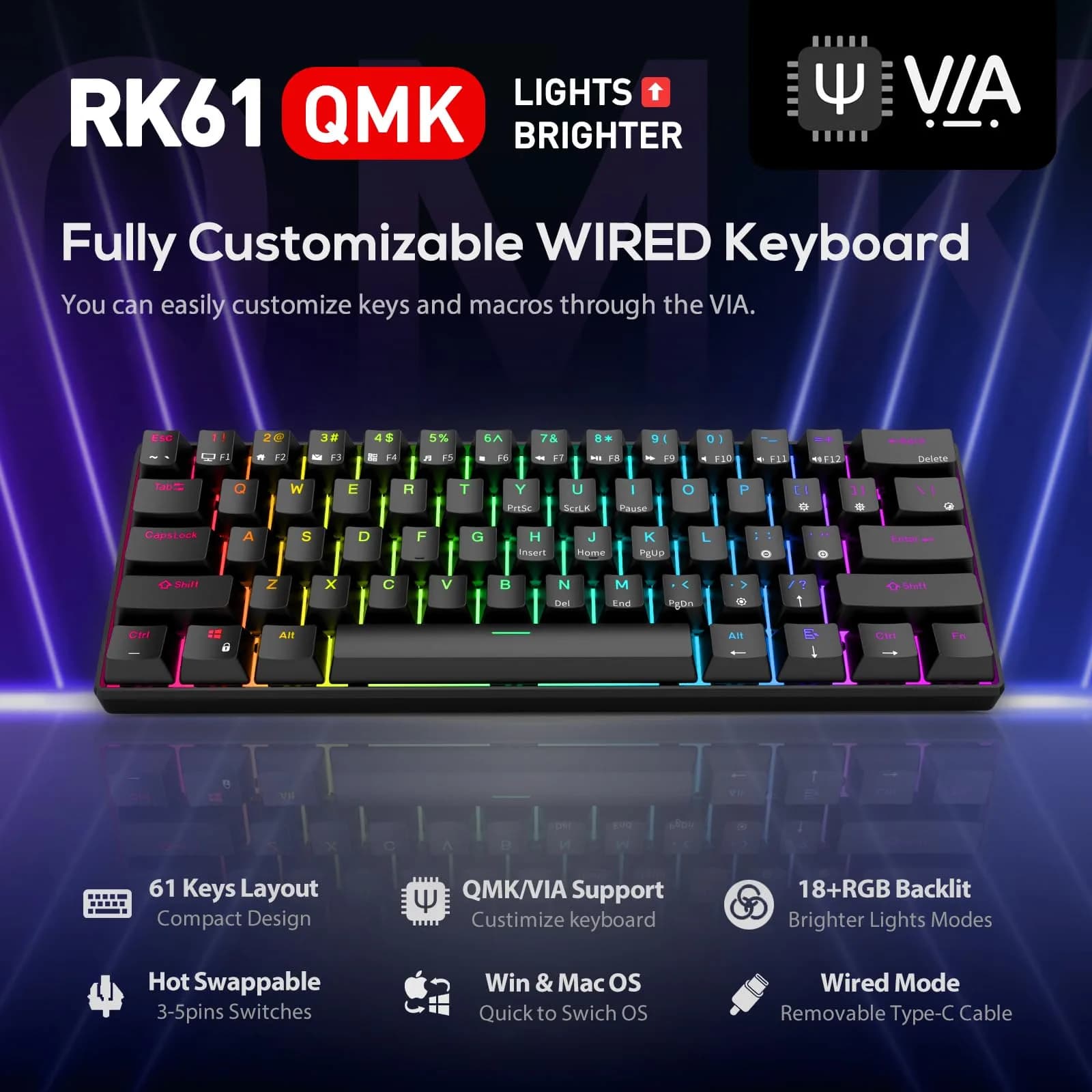 RK ROYAL KLUDGE RK61 Wired 60% Mechanical Gaming Keyboard with Hot-Swappable Blue Switches & RGB Backlighting | Programmable QMK/VIA - view 2